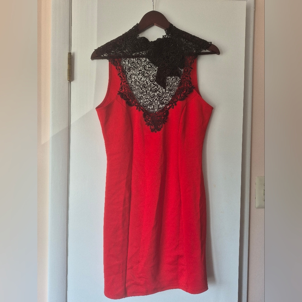 Red Sleeveless Midi Dress with Black Lace Yoke